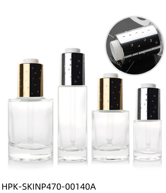 Thick Base Glass Bottle with Metalized Diamond-studded Push-button Pipette Cap